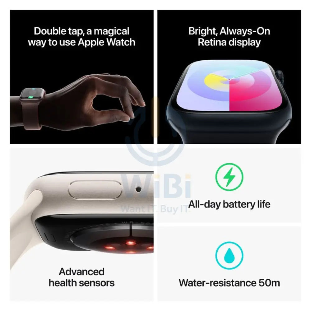 ابل ساعة الإصدار 9 مع الرياضة باند - LTPO OLED / 64 جيجابايت / 45 مم / متوسط/ كبير / بلوتوث / واي-فاي / ميدنايت ذكي