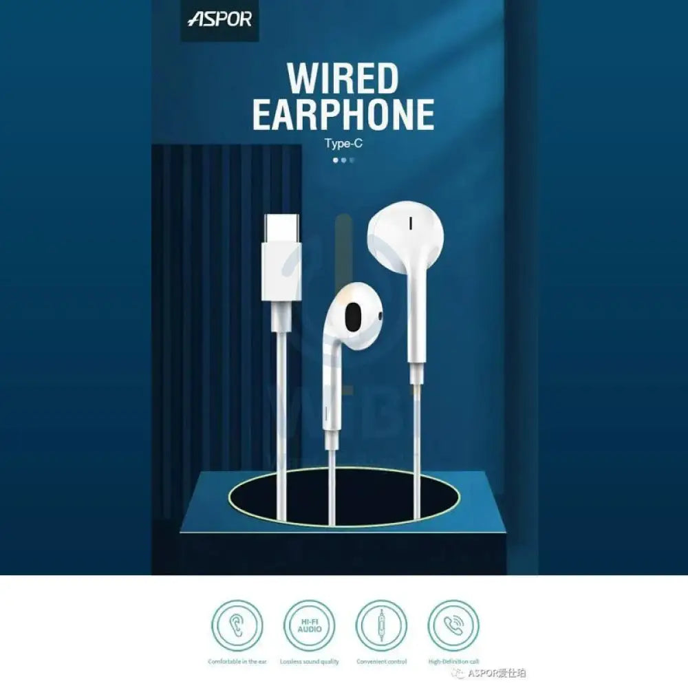 Aspor A215 Wired Earphone - Wired / 1.2 Meters / USB-C / White Accessories > Audio > Headphones > Offer Zone