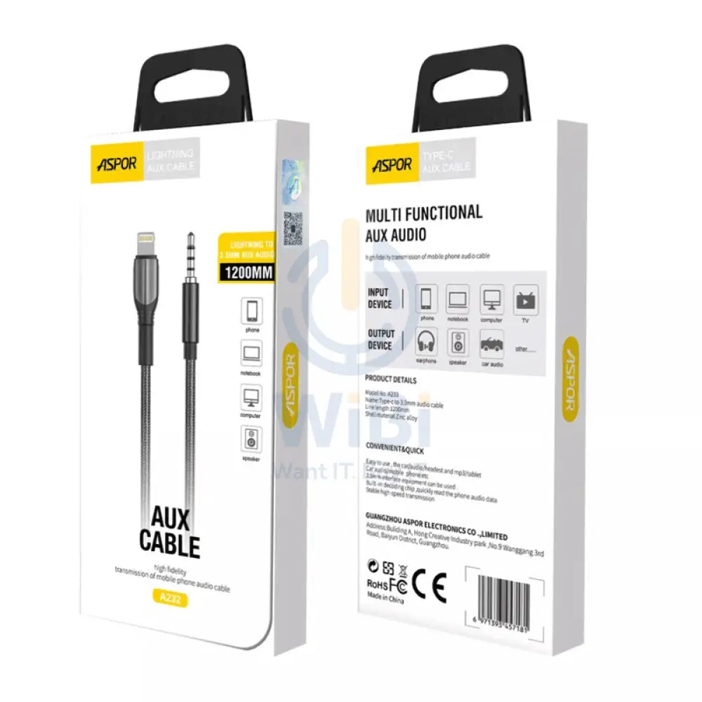 Aspor A232 Lightning audio Cable - 1.2 Meter / 3.5mm / Black Accessories > Cables & Converters > Cables > Offer Zone