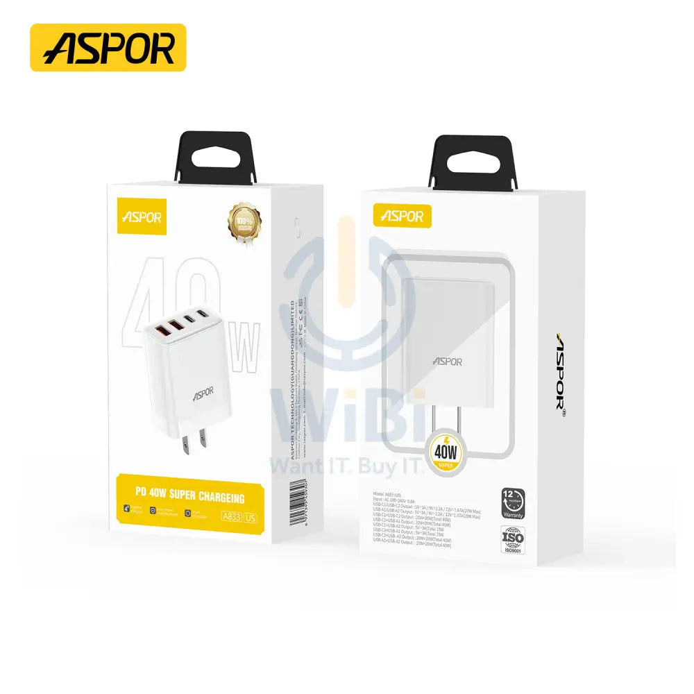 Aspor A833 40W PD Super Power Fast Charger - 40W / White / US Plug Accessories > Power Adapters > Offer Zone