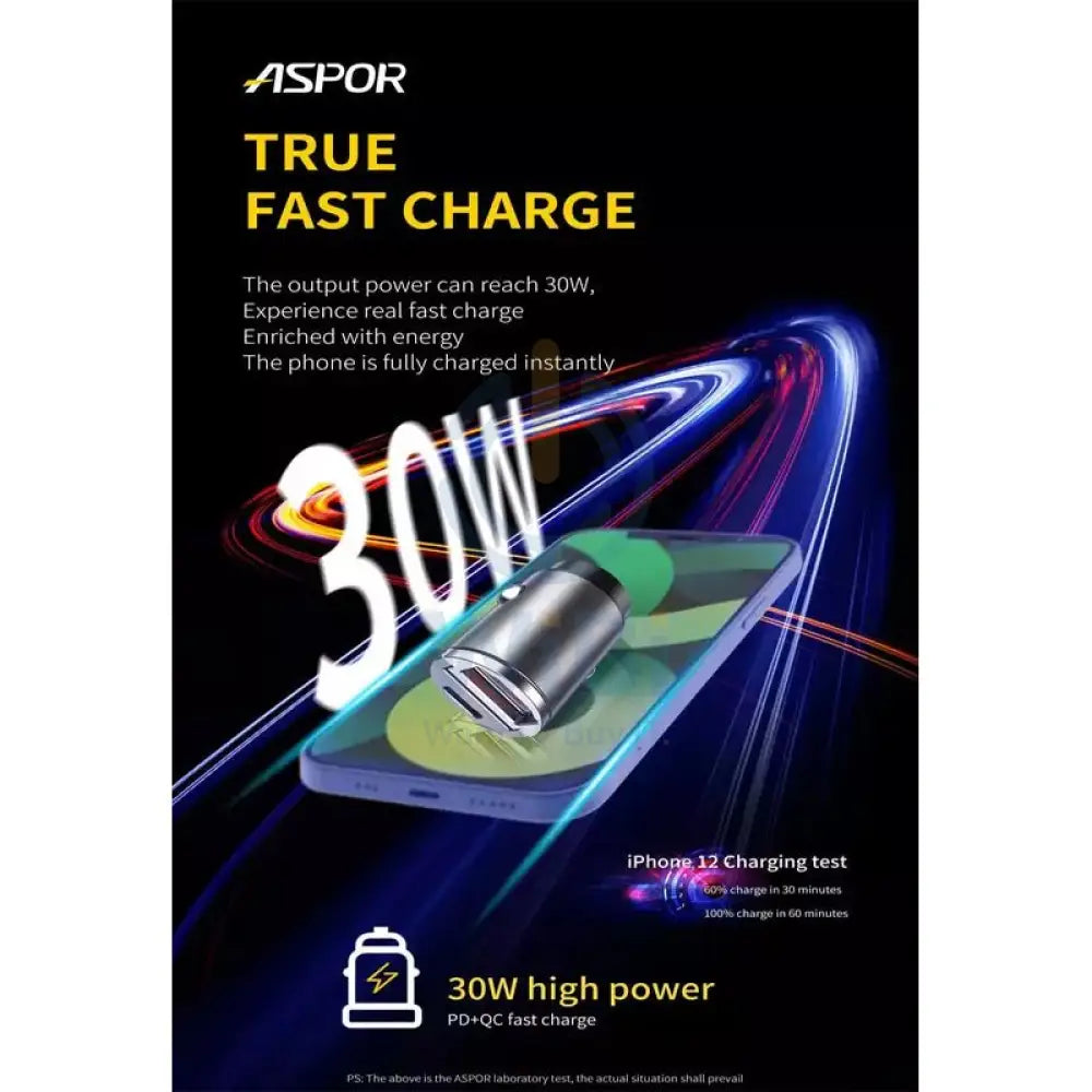 Aspor A908 Power Delivery Fast Car Charger - 30W / Black