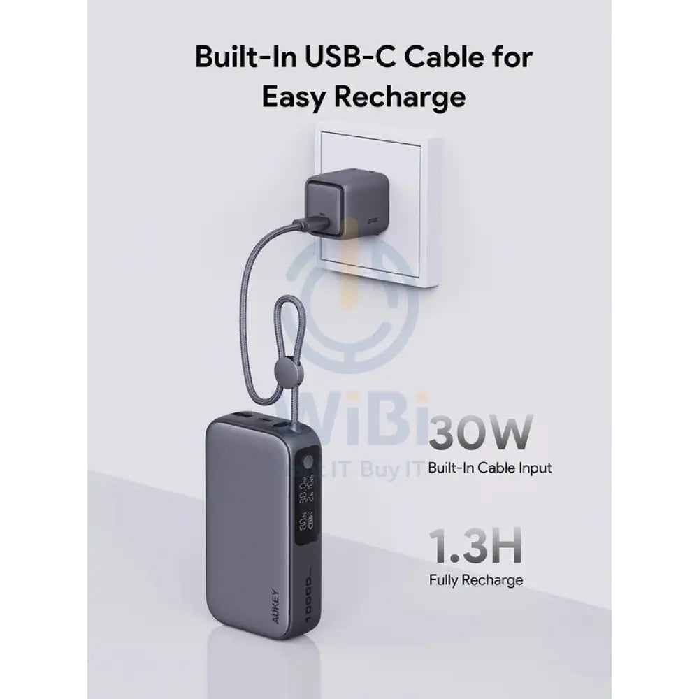 AUKEY PB Y47 Spark Sling Power Bank with Built in USB C Cable 30W / 10,000mAh / USB C / Grey Accessories > Power Bank