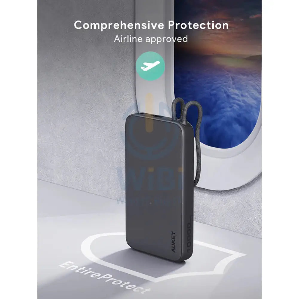 AUKEY PB Y53 Spark Sling Lite Slim Power Bank with Buit in USB C Cable 15W / 10,000mAh / USB C / Grey Accessories >