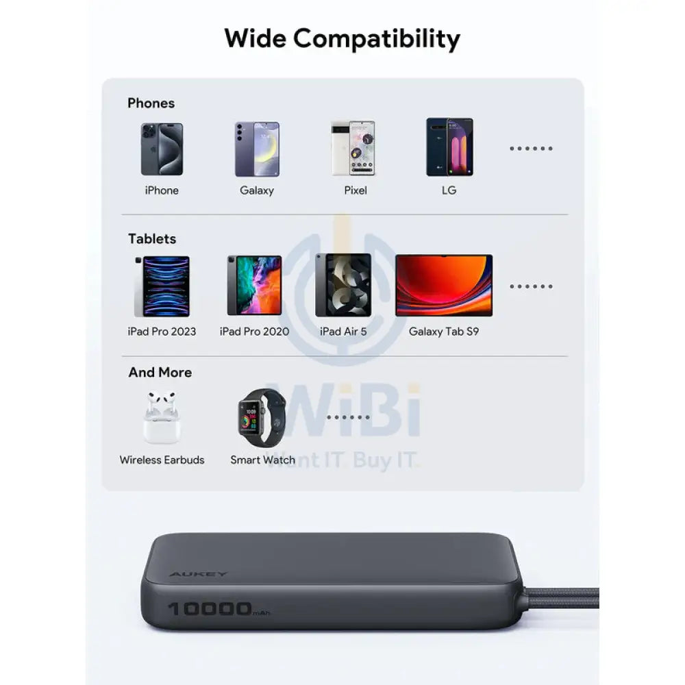 AUKEY PB Y53 Spark Sling Lite Slim Power Bank with Buit in USB C Cable 15W / 10,000mAh / USB C / Grey Accessories >