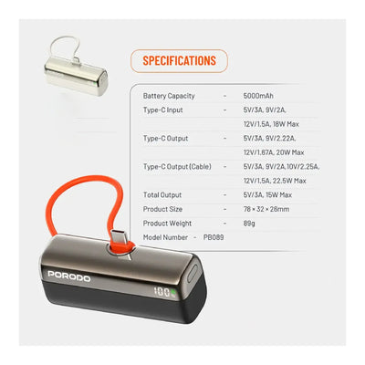 Porodo Pocket Volt Power Bank - 5000mAh / 22.5W / USB-C / Black