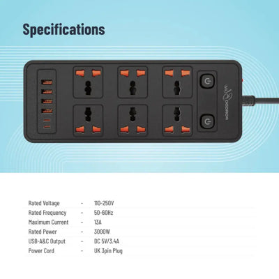 Porodo Blue 6 AC Dual Switch Power Strip - UK 3-Pin Plug / USB-C / USB-A / Black