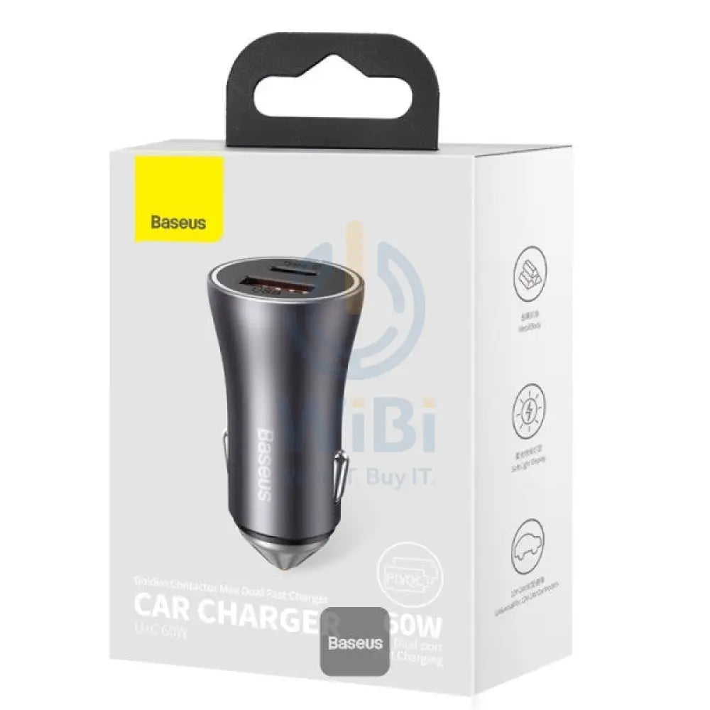 Baseus Golden Contactor Max Dual Fast Charger - Car Charger / U + C 60W / Dark Gray Accessories > Mobiles & Tablets >
