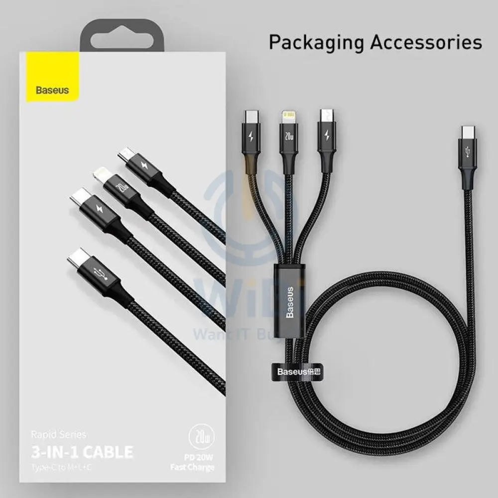 Baseus Rapid Series 3-in-1 Fast Charging Data Cable - Lightning / Type C / Micro USB Cable / 1.5 Meter / Black