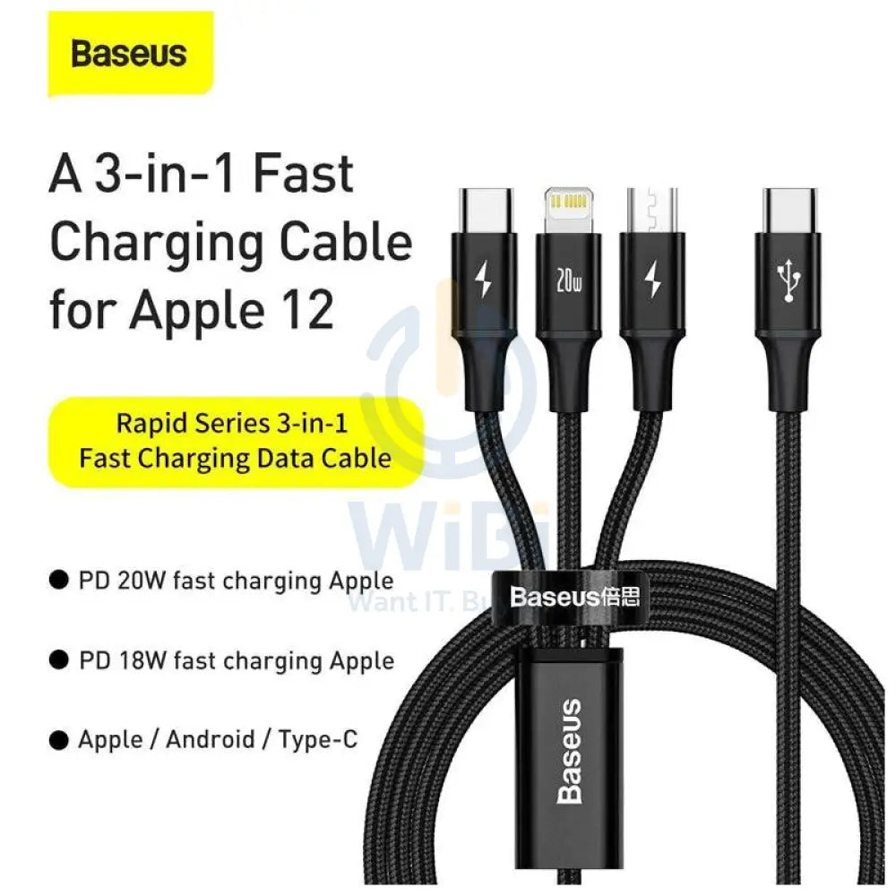 Baseus Rapid Series 3-in-1 Fast Charging Data Cable - Lightning / Type C / Micro USB Cable / 1.5 Meter / Black