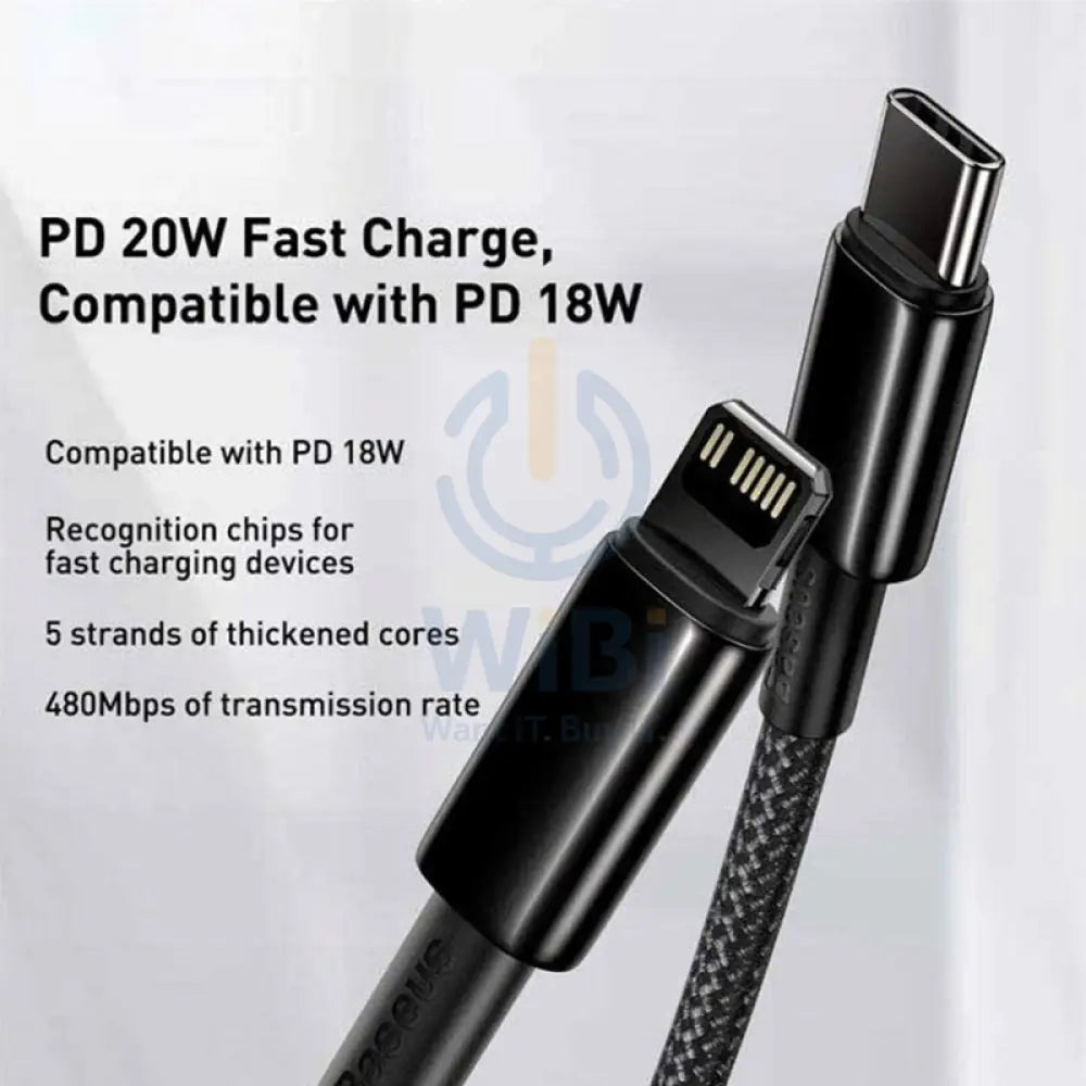 Baseus Tungsten Gold Fast Charging Data Cable - Type-C / Lightning / 20W / 1 Meter / Black Accessories > Cables &