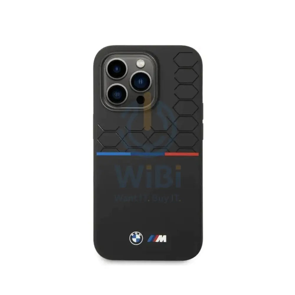 BMW iPhone 14 Pro M Collection Liquid Silicone Case Printed UV Varnish Pattern Tricolor Line & Logo - Black Accessories