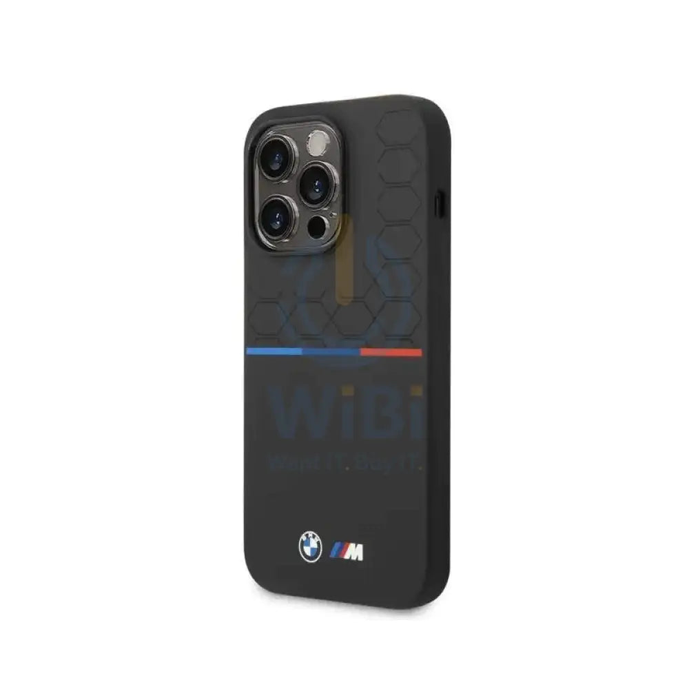 BMW iPhone 14 Pro M Collection Liquid Silicone Case Printed UV Varnish Pattern Tricolor Line & Logo - Black Accessories