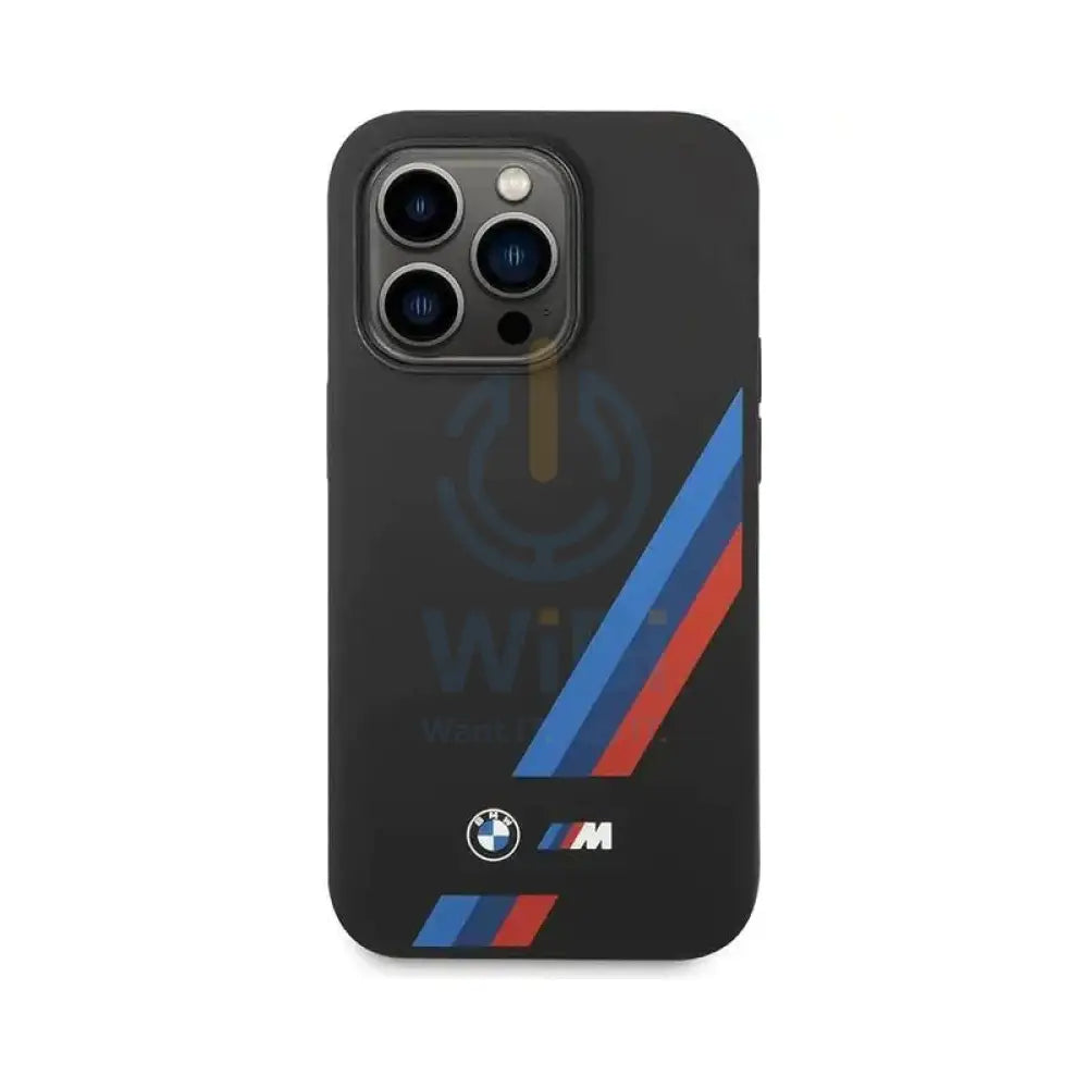 BMW iPhone 14 Pro M Collection Magsafe Liquid Silicone Case Slanted Tricolor Stripes - Black Accessories > Mobiles &