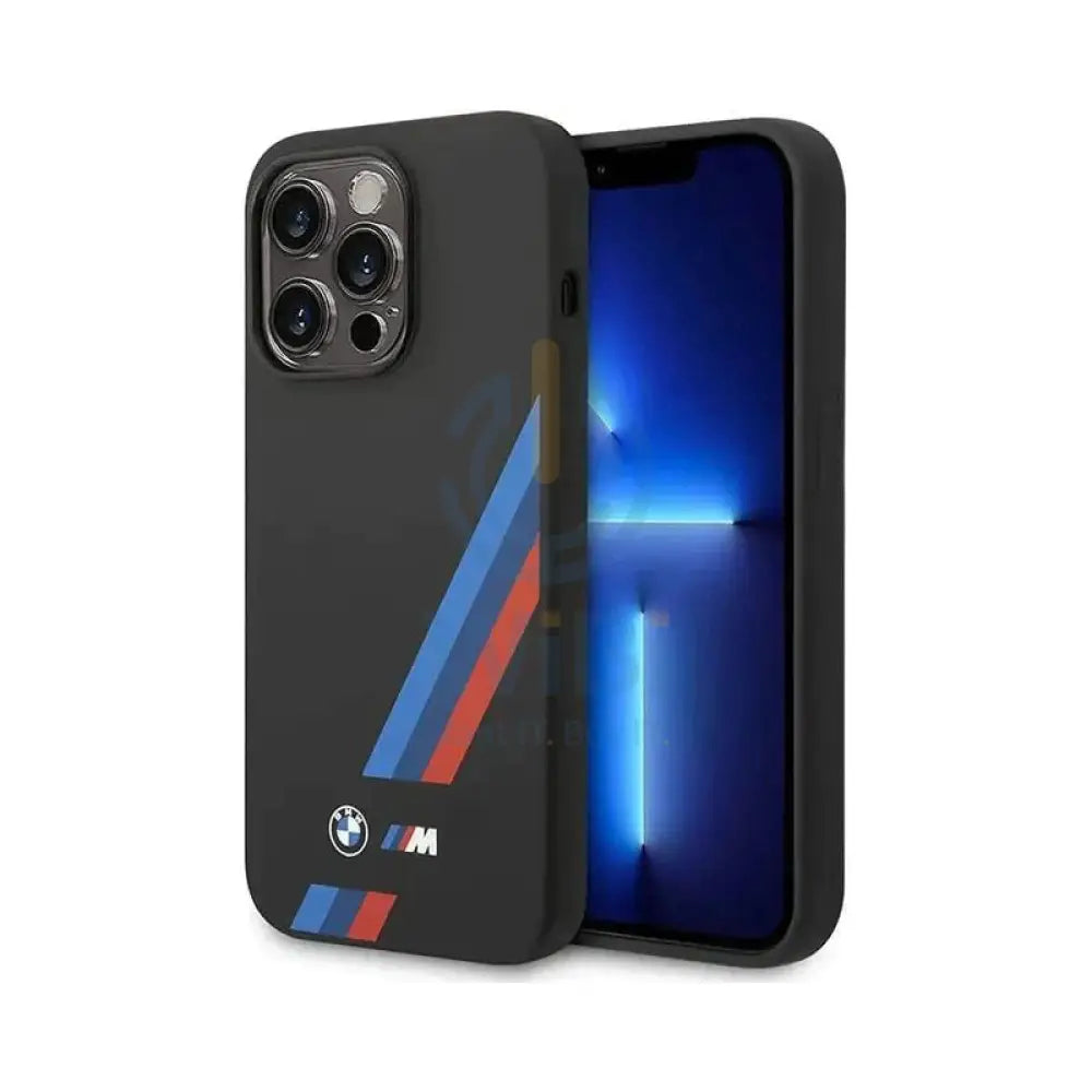 BMW iPhone 14 Pro M Collection Magsafe Liquid Silicone Case Slanted Tricolor Stripes - Black Accessories > Mobiles &