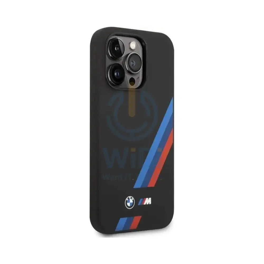 BMW iPhone 14 Pro M Collection Magsafe Liquid Silicone Case Slanted Tricolor Stripes - Black Accessories > Mobiles &