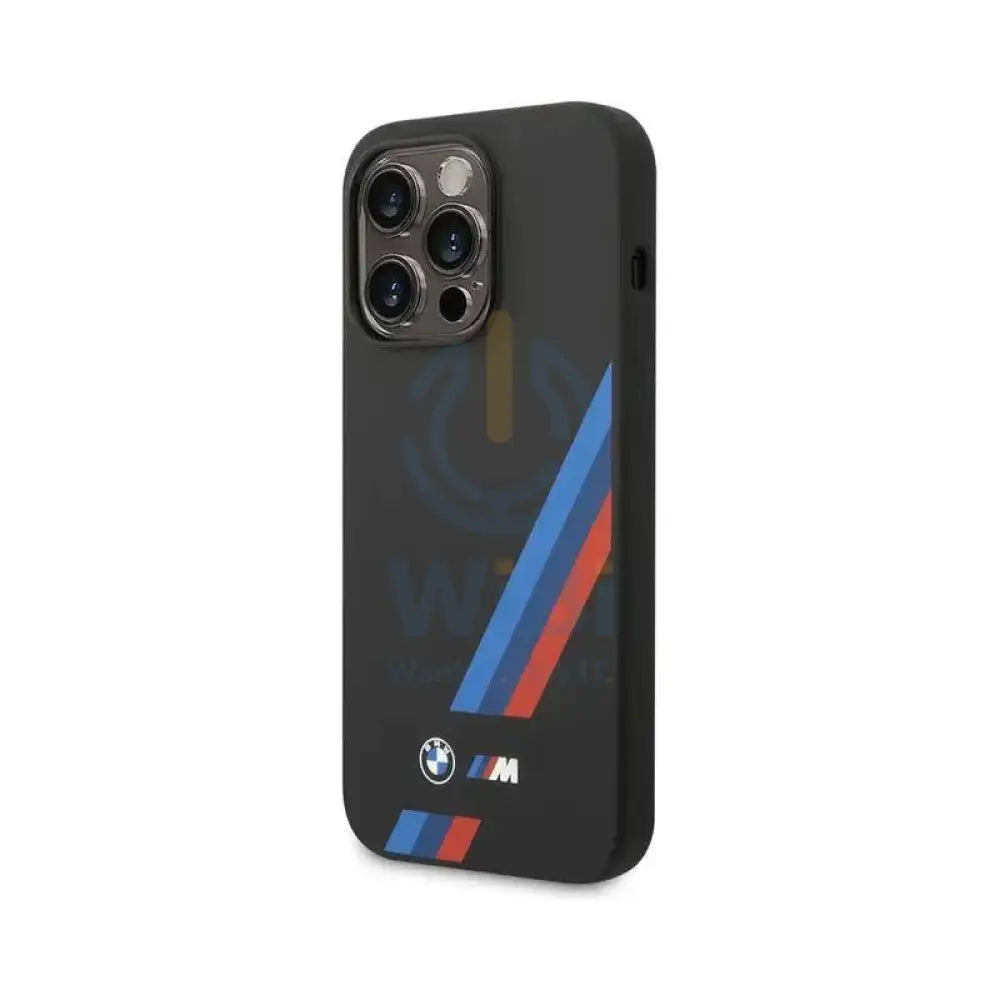 BMW iPhone 14 Pro M Collection Magsafe Liquid Silicone Case Slanted Tricolor Stripes - Black Accessories > Mobiles &