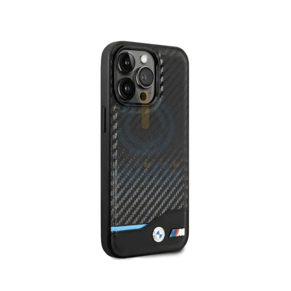 BMW iPhone 14 Pro M Collection PU Carbon Case with Bottom Horizontal Blue Line - Black Accessories > Mobiles & Tablets