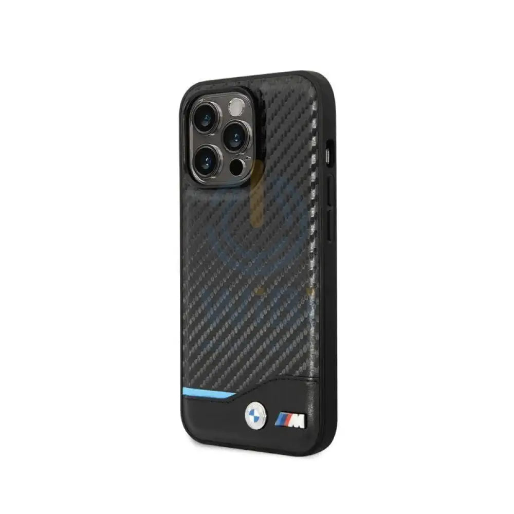 BMW iPhone 14 Pro M Collection PU Carbon Case with Bottom Horizontal Blue Line - Black Accessories > Mobiles & Tablets