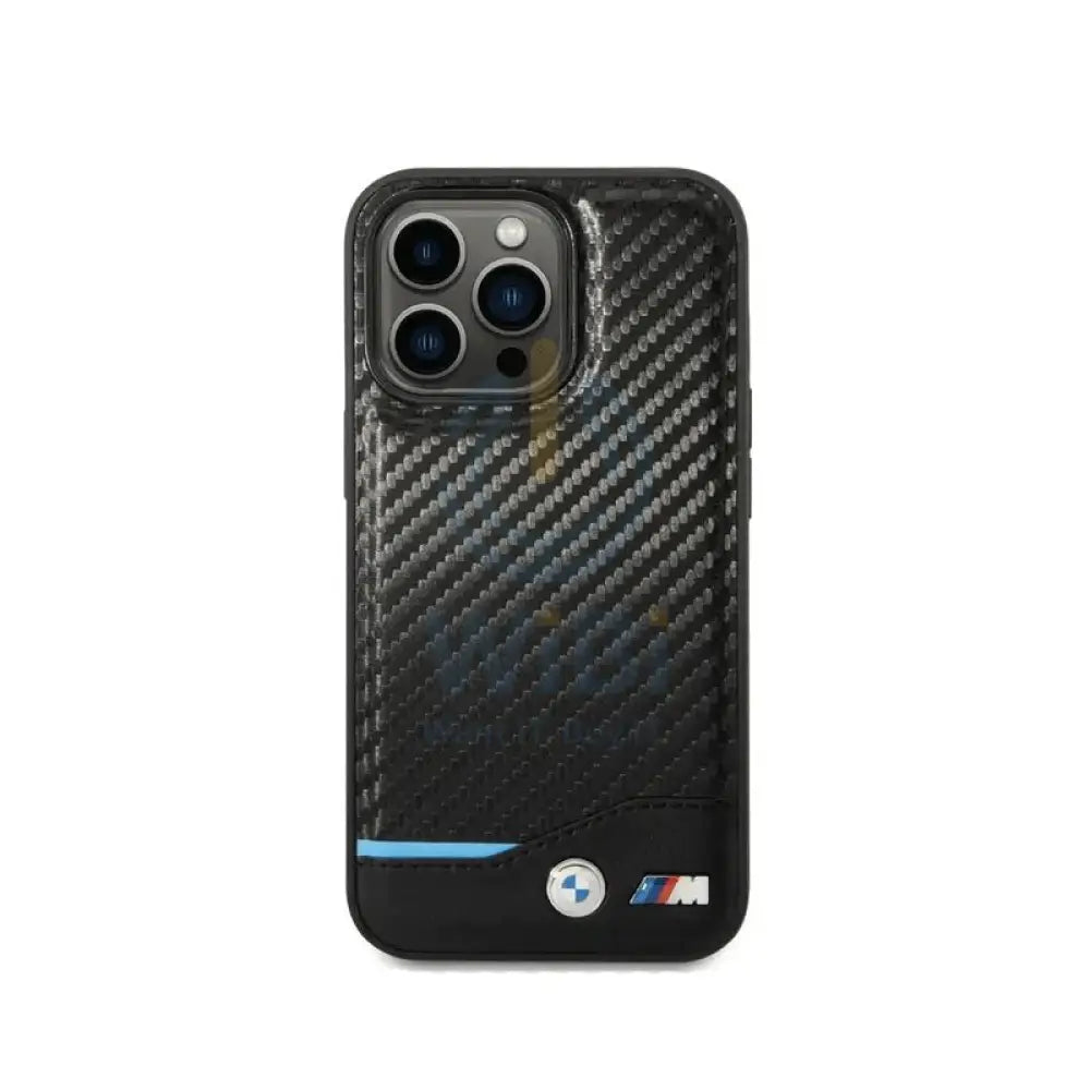 BMW iPhone 14 Pro M Collection PU Carbon Case with Bottom Horizontal Blue Line - Black Accessories > Mobiles & Tablets