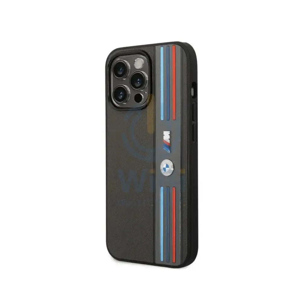BMW iPhone 14 Pro M Collection PU Leather Mesh Case With Printed Tricolor Lines And Logo - Black Accessories > Mobiles