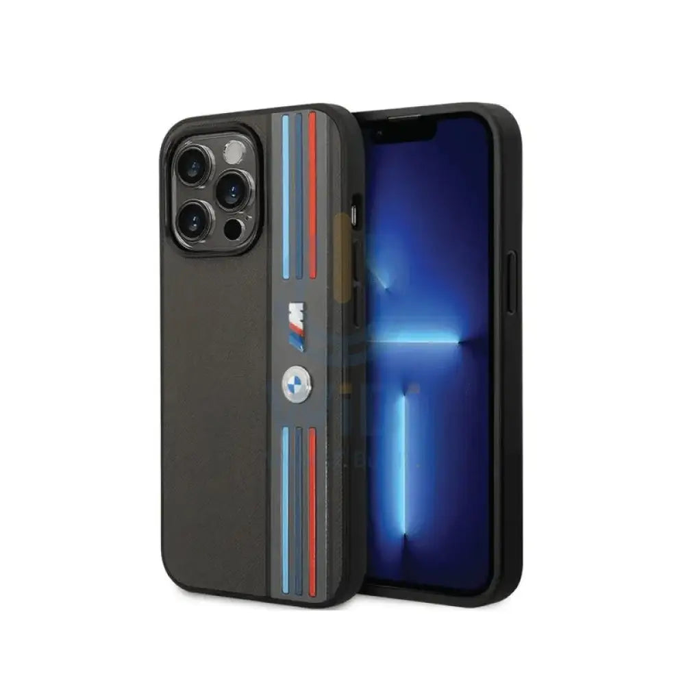 BMW iPhone 14 Pro M Collection PU Leather Mesh Case With Printed Tricolor Lines And Logo - Black Accessories > Mobiles