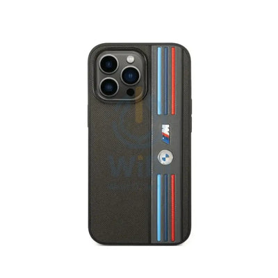 BMW iPhone 14 Pro Max M Collection PU Leather Mesh Case With Printed Tricolor Lines And Logo - Black Accessories >