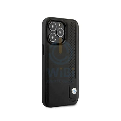BMW iPhone 14 Pro Max Signature Collection Genuine Leather Case Hot Stamp Line And Blue Dots - Black Accessories >