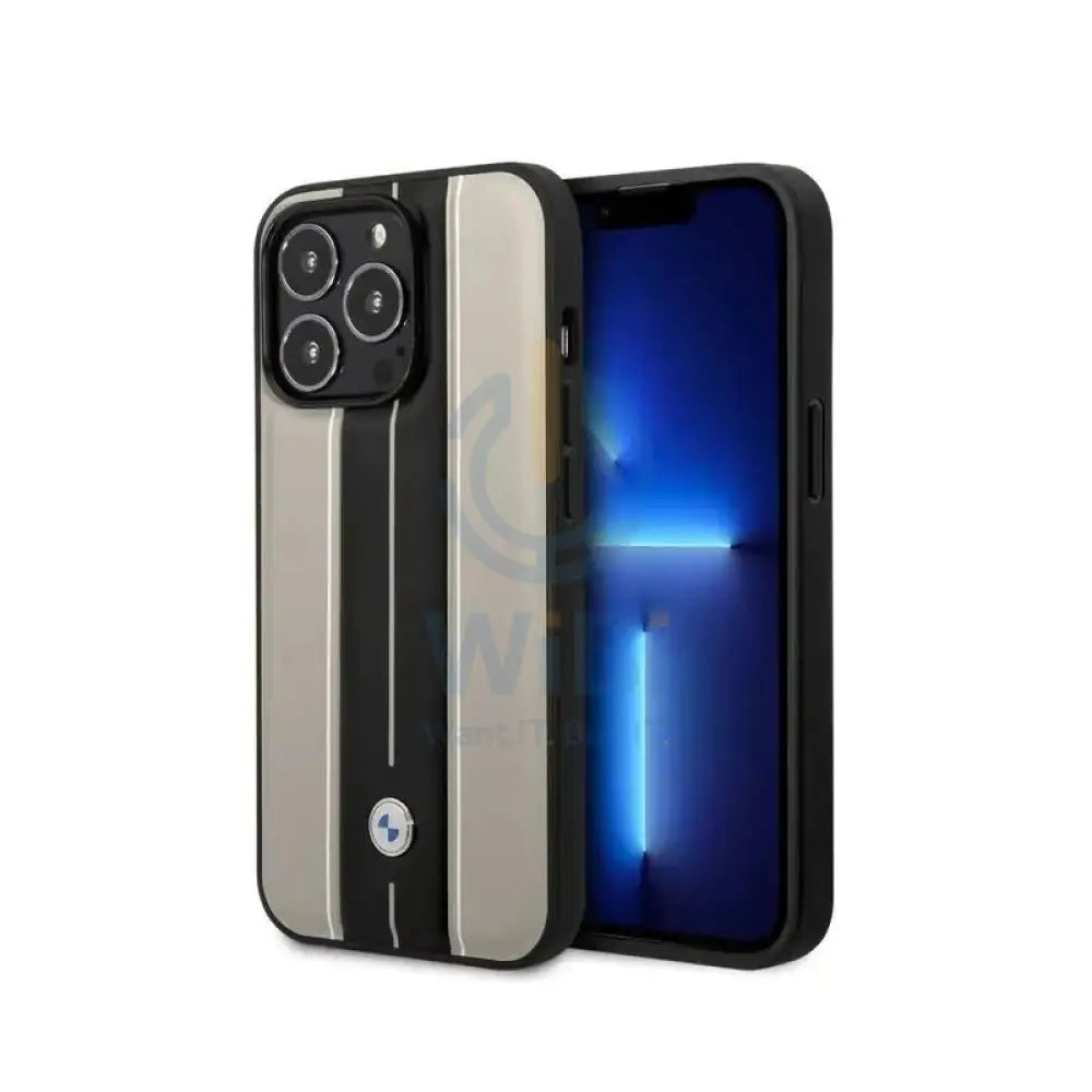 BMW iPhone 14 Pro Max Signature Collection Genuine Leather Case with Hot Stamp Lines - Beige Accessories > Mobiles &