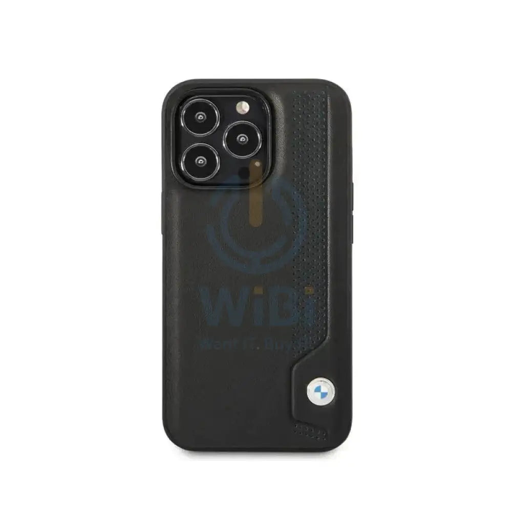BMW iPhone 14 Pro Signature Collection Genuine Leather Case Hot Stamp Line And Blue Dots - Black Accessories > Mobiles