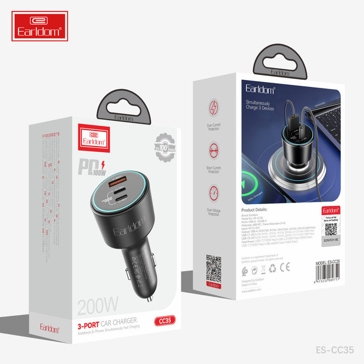 Earldom ES-CC35 Car Charger - 2.4A / USB-C / USB-C / Black