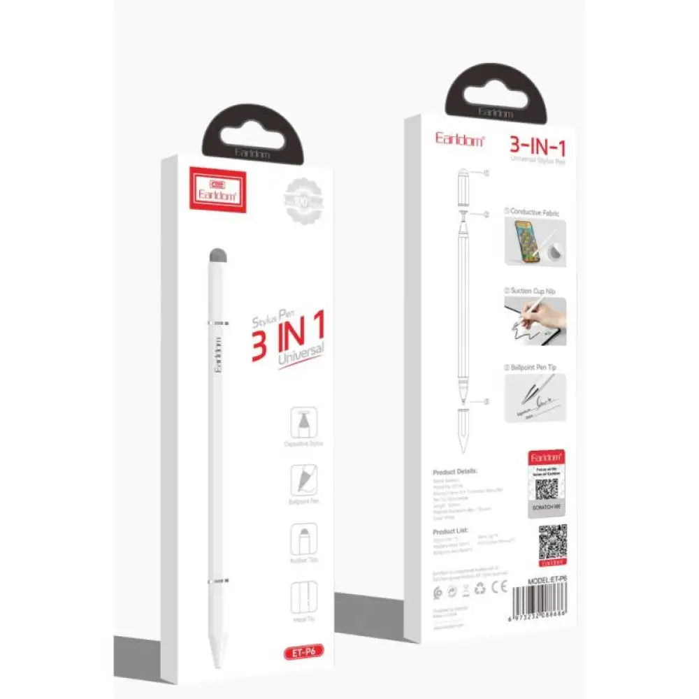 Earldom ET-P6 3-in-1 Universal Stylus Pen - White Accessories > Mobiles & Tablets > Tablets > Stylus & Pencil