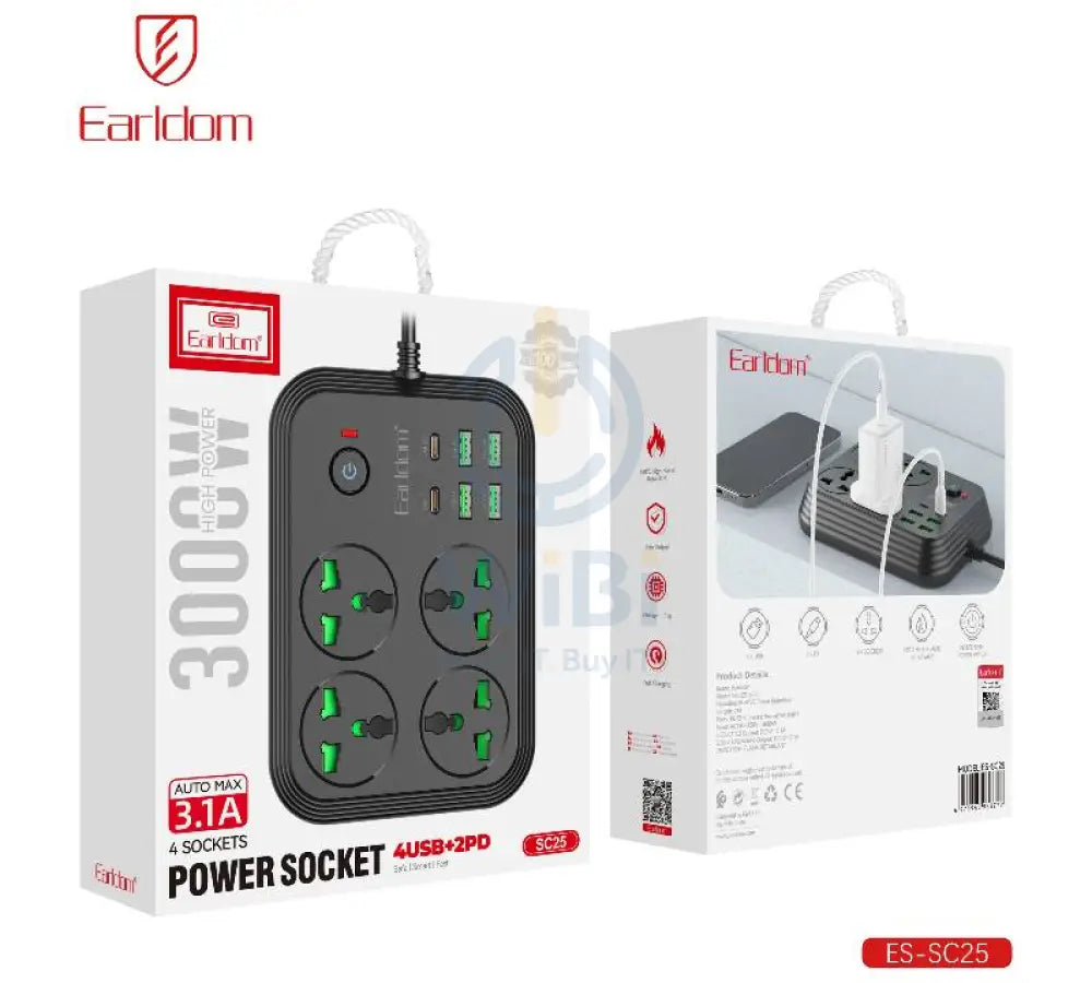 Earldom Power Extension - 4 Way / USB / USB-C / Black Accessories > Power > Power Protection > Surge Protector
