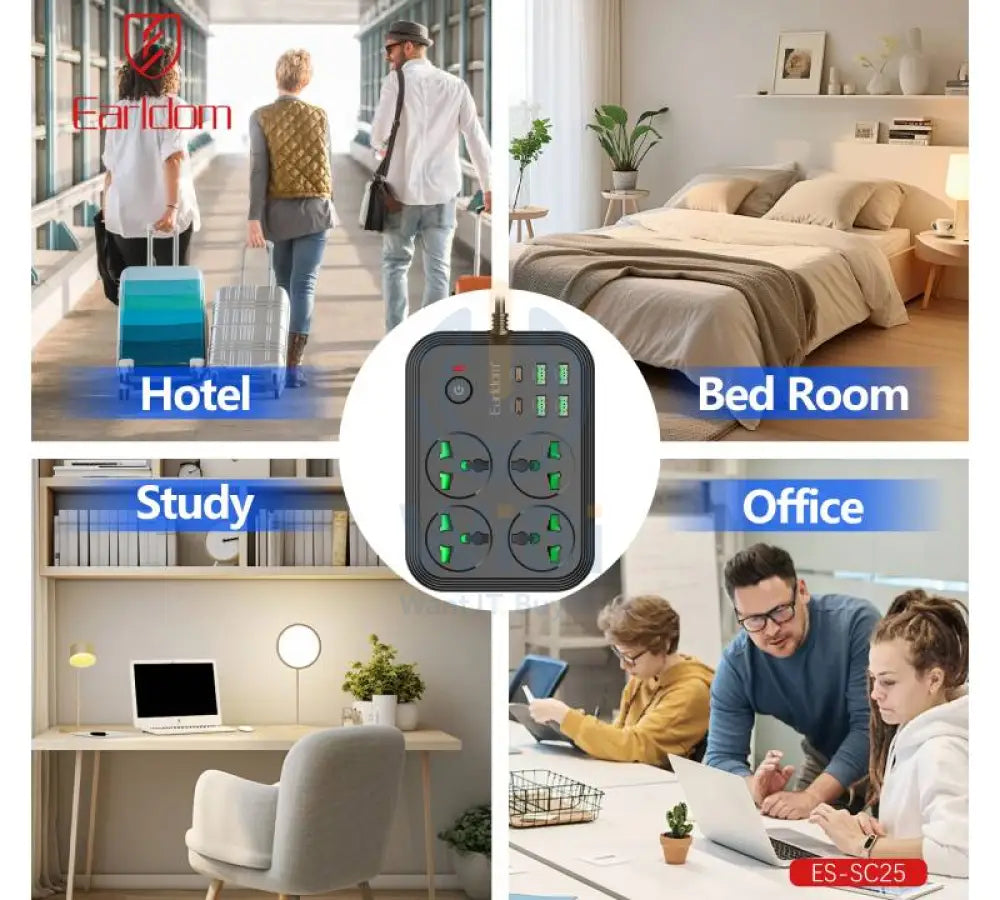 Earldom Power Extension - 4 Way / USB / USB-C / Black Accessories > Power > Power Protection > Surge Protector
