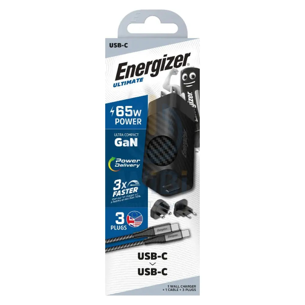 Energizer Ultimate Wall Charger with Universal Plug with Type-C Cable - 65W / Type-C / USB-A / Black Accessories >