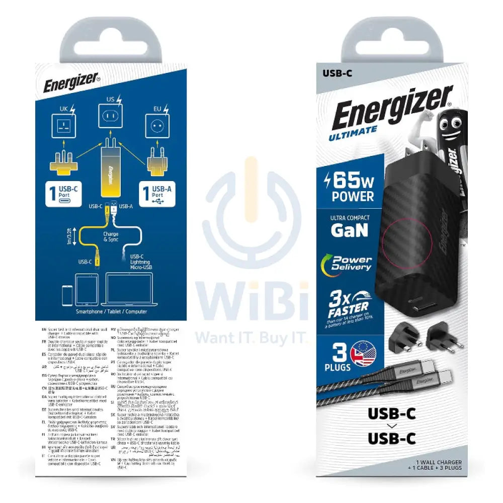 Energizer Ultimate Wall Charger with Universal Plug with Type-C Cable - 65W / Type-C / USB-A / Black Accessories >