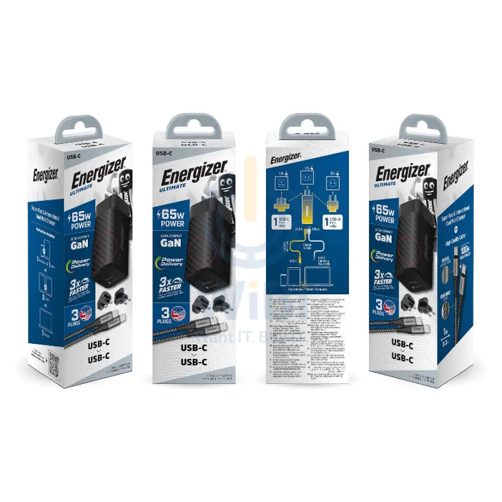Energizer Ultimate Wall Charger with Universal Plug with Type-C Cable - 65W / Type-C / USB-A / Black Accessories >