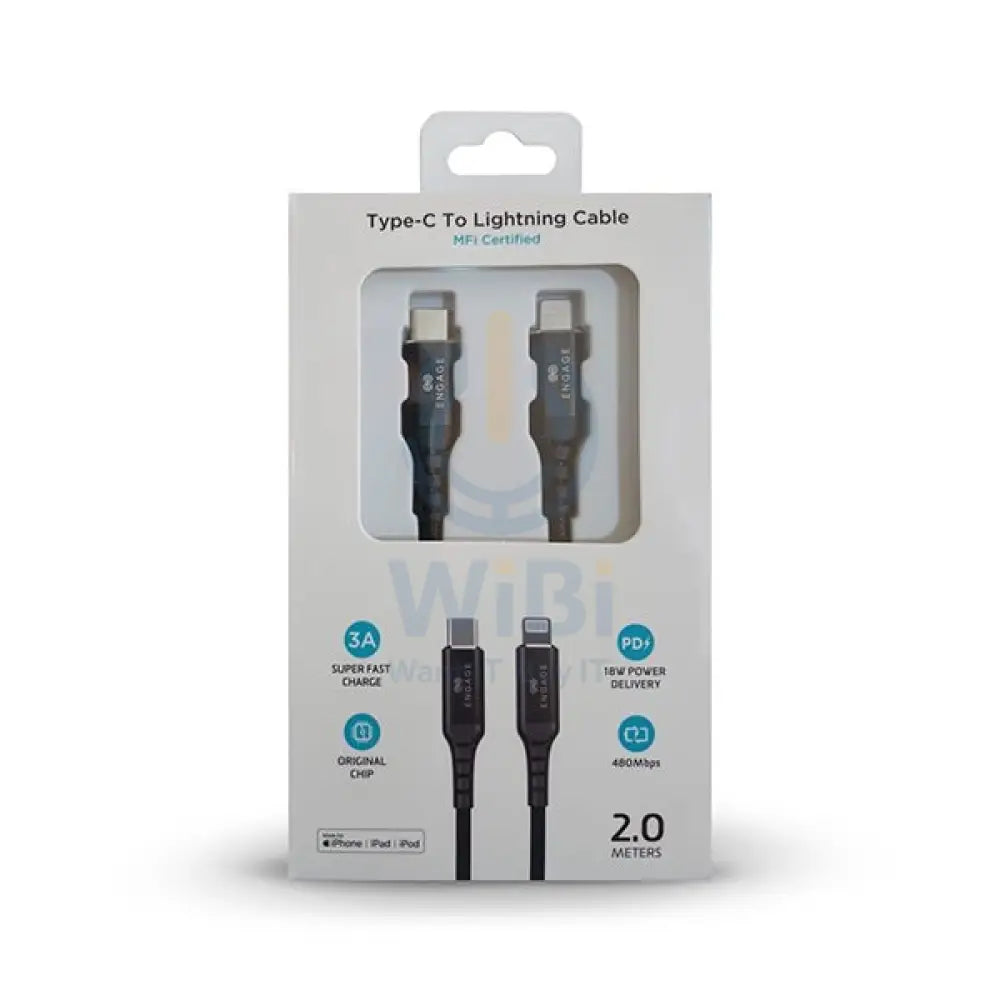 Engage PD 18W Fast Charging MFI certified Type-C to Lightning Cable 2 meters - Black Accessories > Cables & Converters