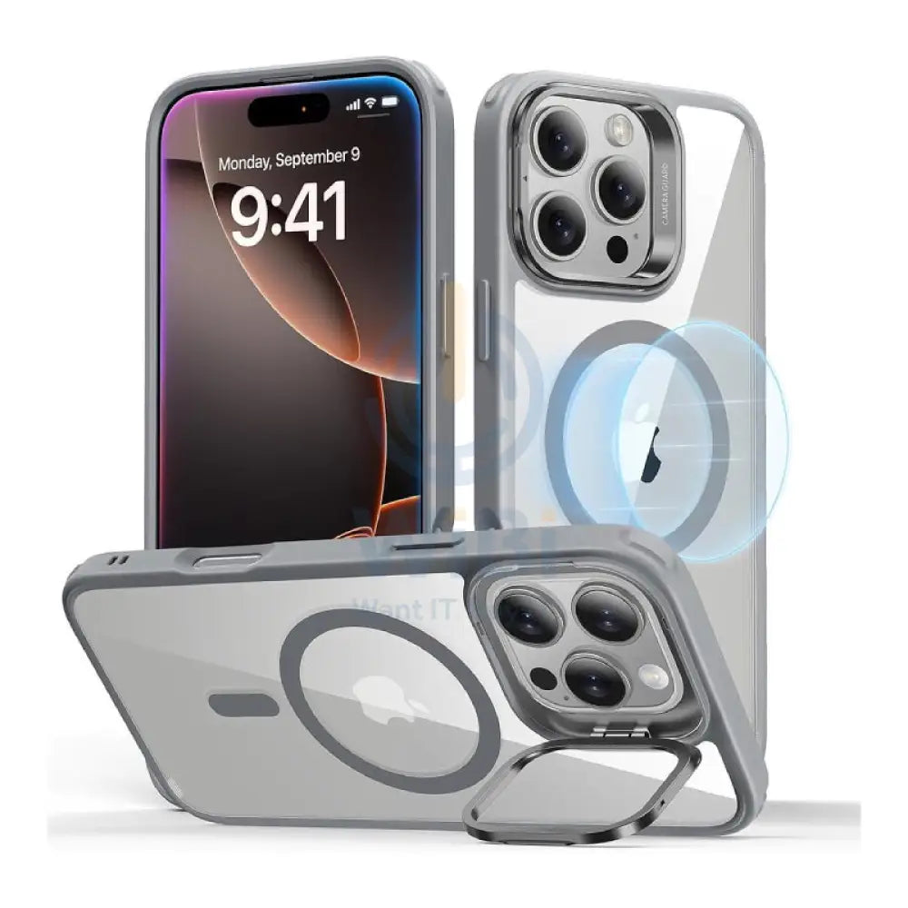 ESR Classic Hybrid Case with Stash Stand (HaloLock) Apple iPhone 16 Pro Max / Clear Gray Accessories > Mobiles &