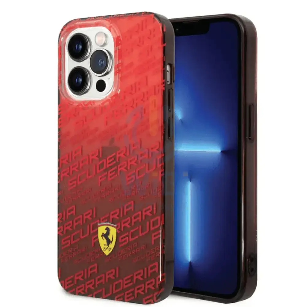 Ferrari iPhone 14 Pro Gradient PC/TPU Case with Allover Scuderia & Dyed Bumper - Red Accessories > Mobiles & Tablets >