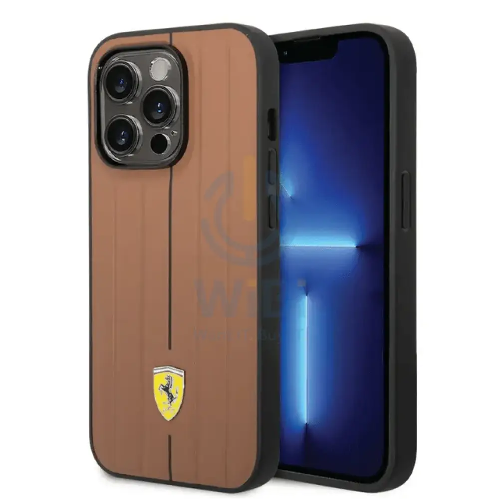 Ferrari iPhone 14 Pro Leather Case With Embossed Stripes & Yellow Shield Logo - Camel Accessories > Mobiles & Tablets >