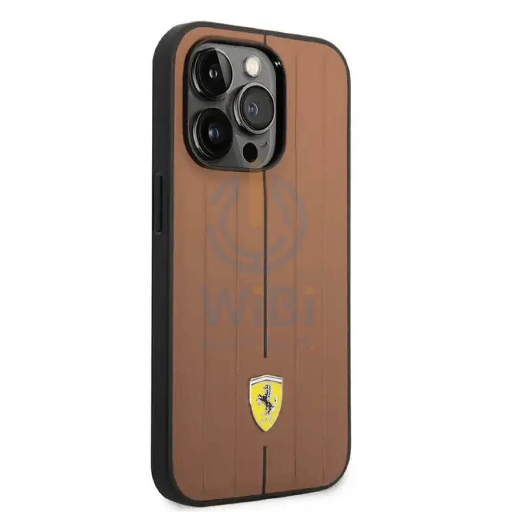 Ferrari iPhone 14 Pro Leather Case With Embossed Stripes & Yellow Shield Logo - Camel Accessories > Mobiles & Tablets >