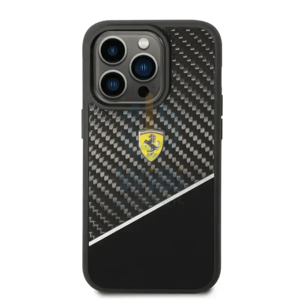 Ferrari iPhone 14 Pro Max Bimaterial Carbon Case & Polycarbonate & Silver Stripe - Black Accessories > Mobiles &