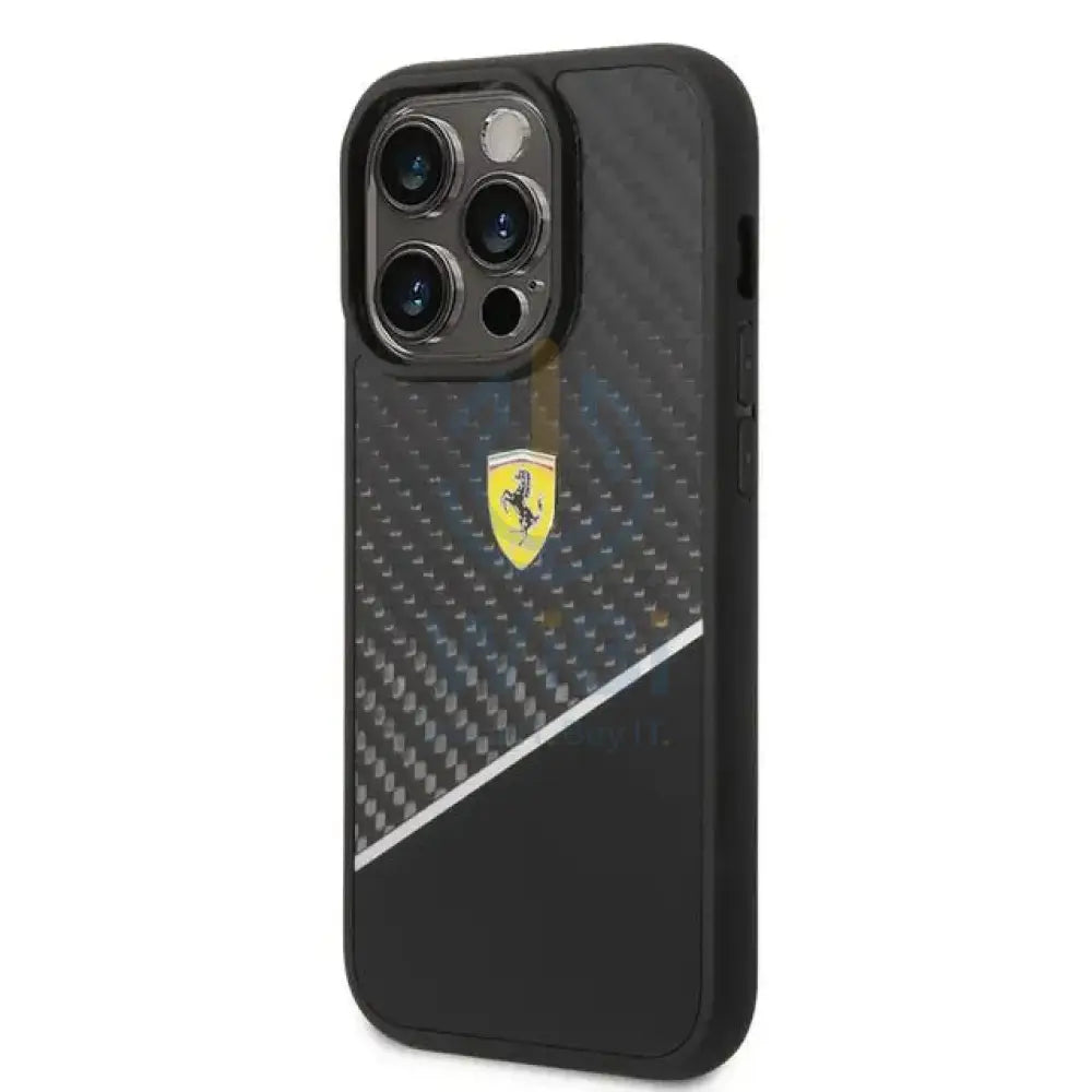 Ferrari iPhone 14 Pro Max Bimaterial Carbon Case & Polycarbonate & Silver Stripe - Black Accessories > Mobiles &