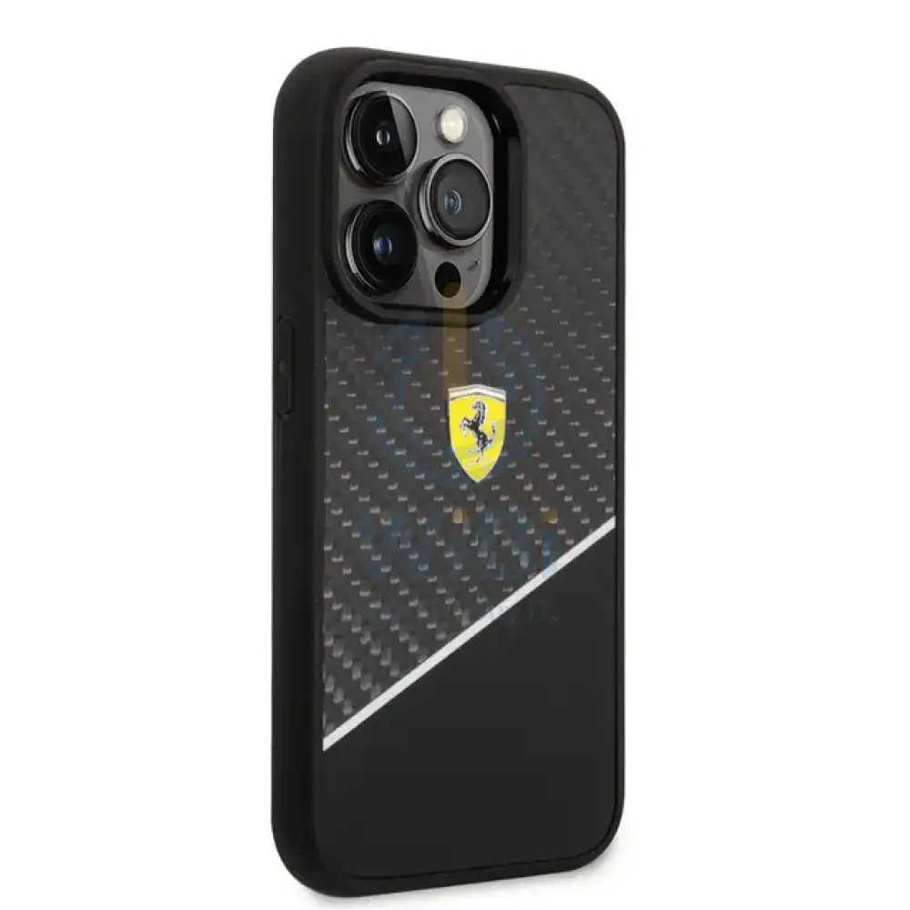 Ferrari iPhone 14 Pro Max Bimaterial Carbon Case & Polycarbonate & Silver Stripe - Black Accessories > Mobiles &