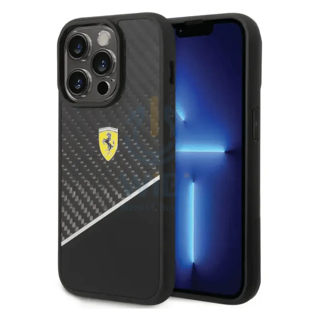 Ferrari iPhone 14 Pro Max Bimaterial Carbon Case & Polycarbonate & Silver Stripe - Black Accessories > Mobiles &