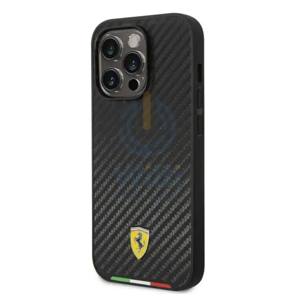 Ferrari iPhone 14 Pro Max HC PU Carbon Effect Case With Italian Flag Line - Black Accessories > Mobiles & Tablets >