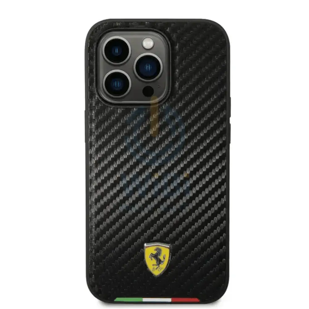 Ferrari iPhone 14 Pro Max HC PU Carbon Effect Case With Italian Flag Line - Black Accessories > Mobiles & Tablets >
