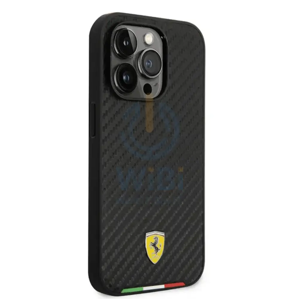 Ferrari iPhone 14 Pro Max HC PU Carbon Effect Case With Italian Flag Line - Black Accessories > Mobiles & Tablets >