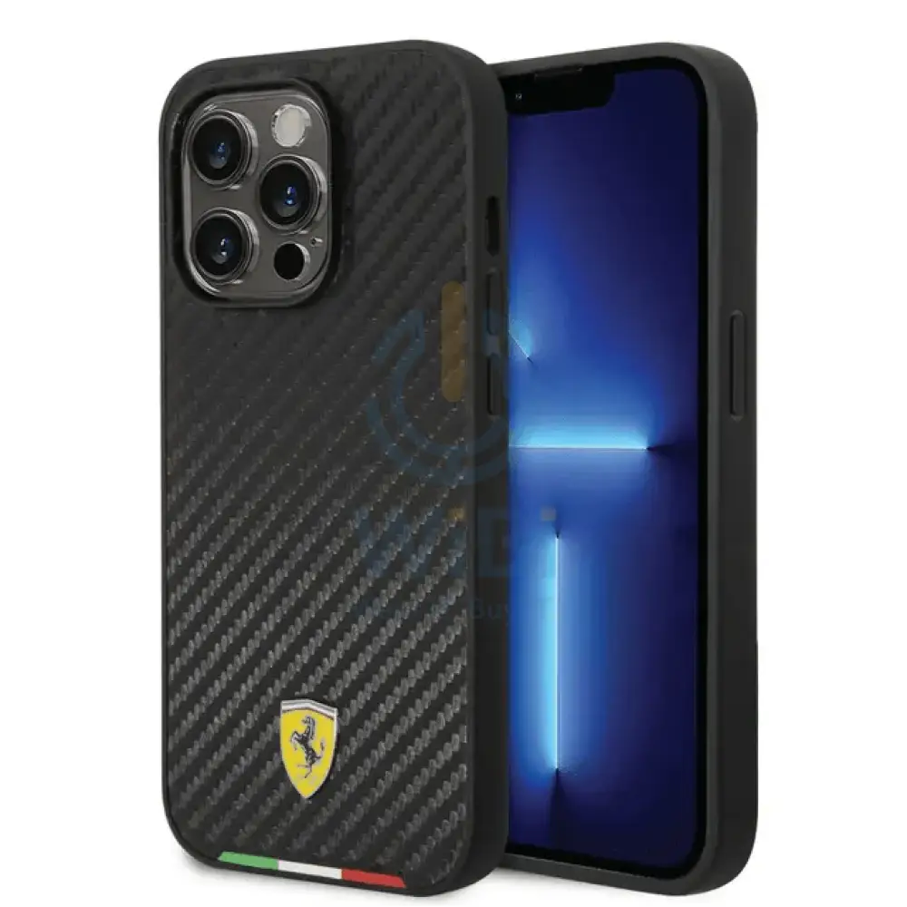 Ferrari iPhone 14 Pro Max HC PU Carbon Effect Case With Italian Flag Line - Black Accessories > Mobiles & Tablets >