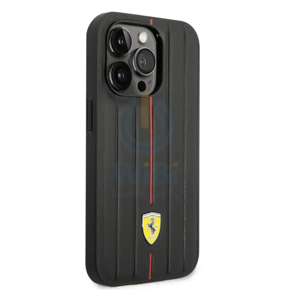 Ferrari iPhone 14 Pro Max Leather Case With Embossed Stripes & Yellow Shield Logo - Black Accessories > Mobiles &